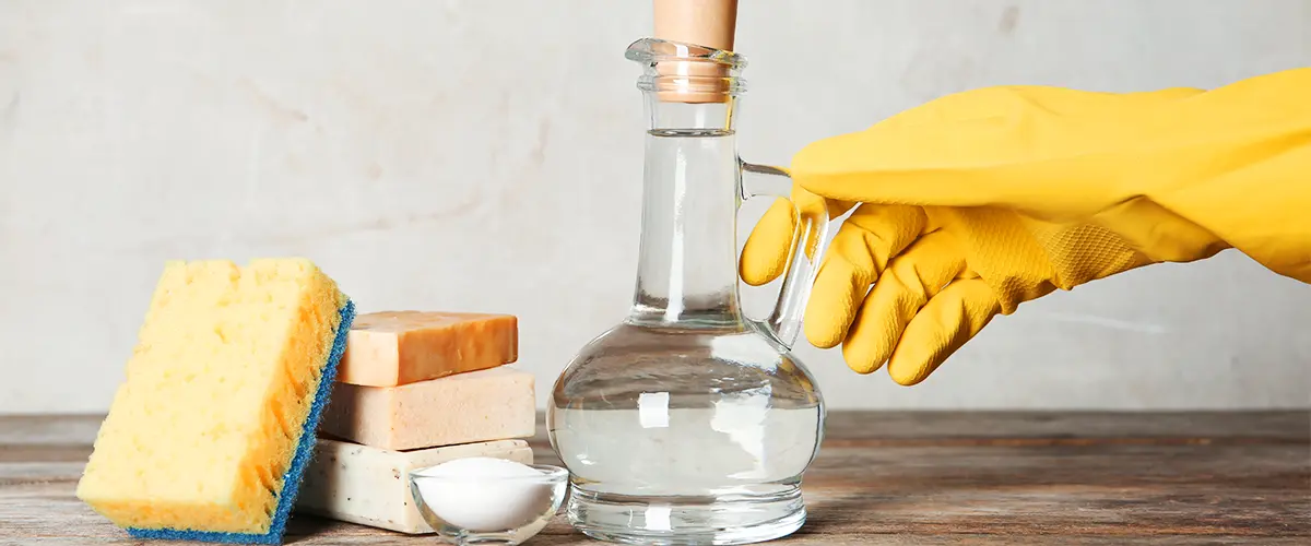 Woman with jug of vinegar and cleaning supplies for homemade cleaning solutions