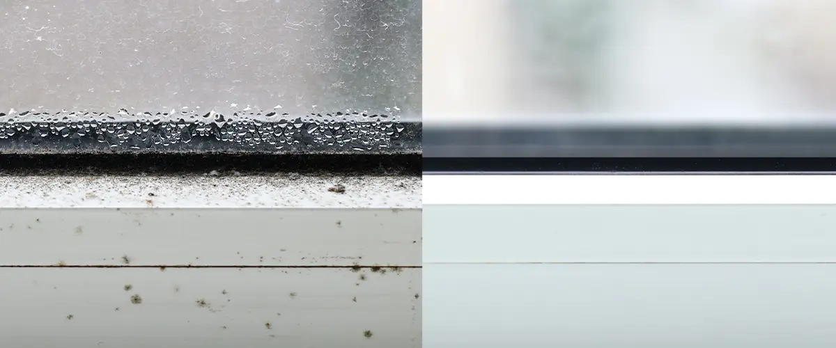 Comparative Before and after clean window condensation with black mold dirty window frame in winter from inside the house.