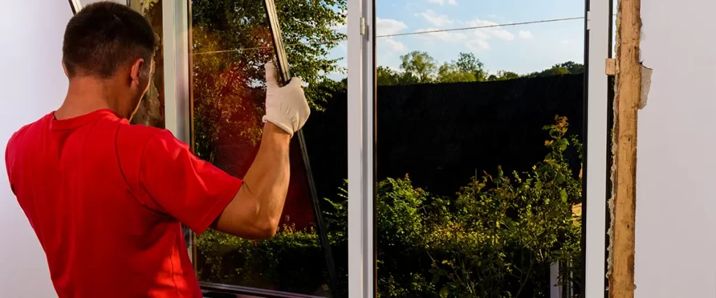 The worker inserts glass into the window frame, triple glazing of the plastic window, insulation and insulation