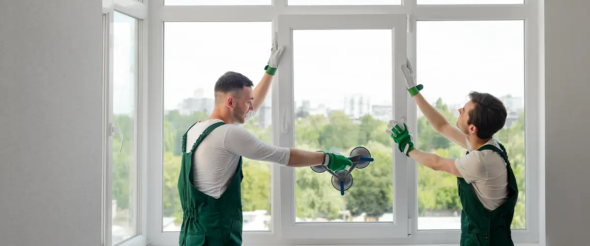 Professional workers installing large window, showcasing window installation services