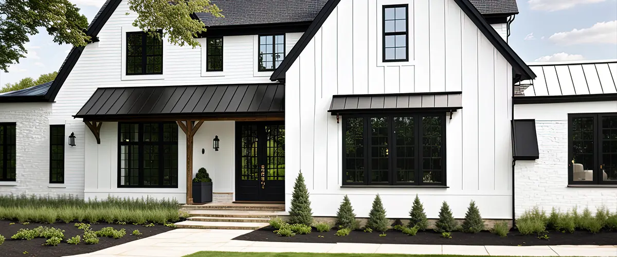 A brand new, white contemporary farmhouse with a dark shingled roof and black windows