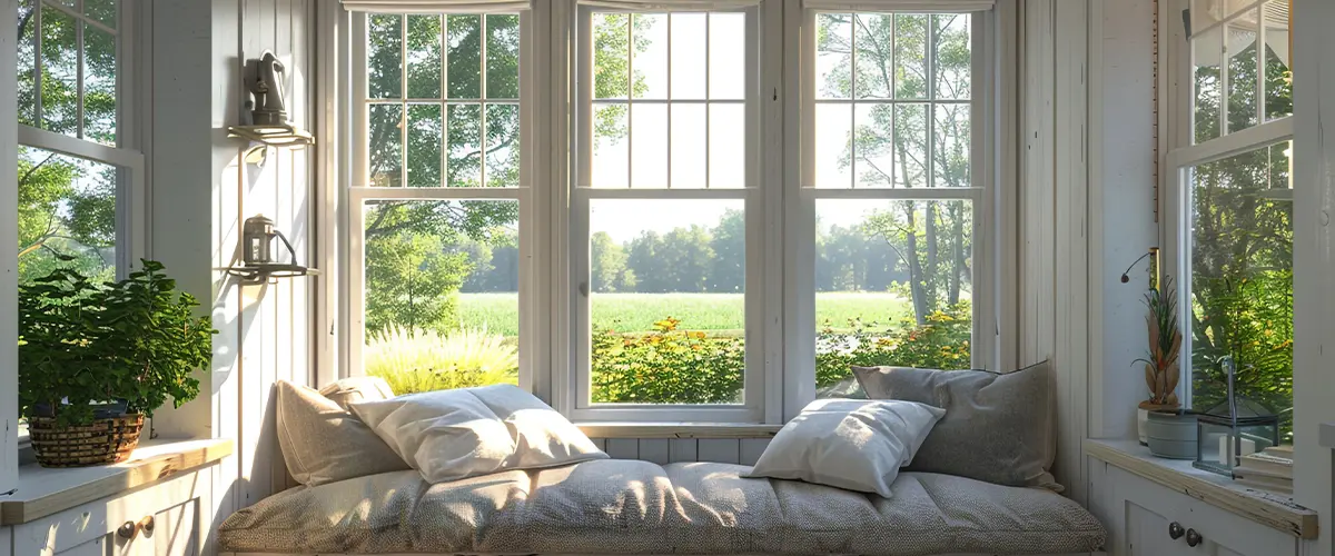 A cozy window seat nestled beneath a row of casement windows, offering panoramic views of the tranquil landscape outside.