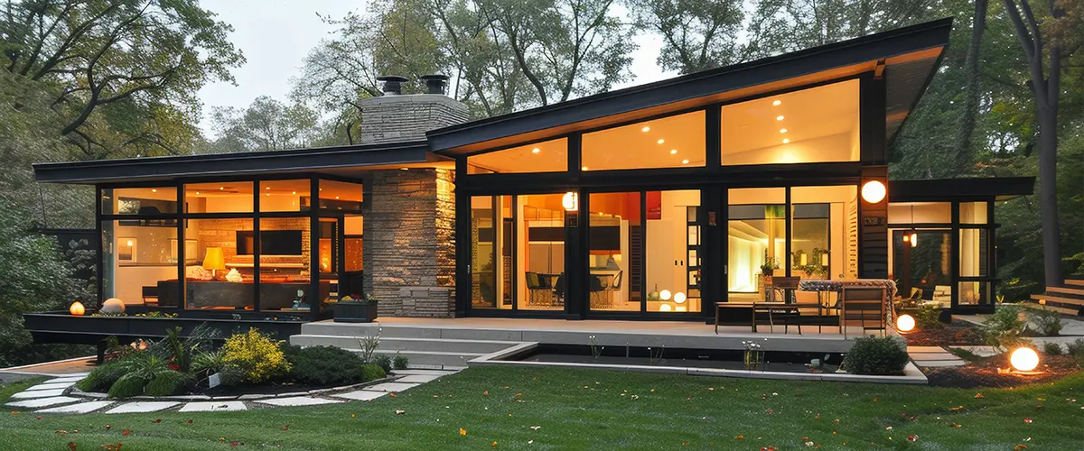 Modern house, large black windows, illuminated interior, surrounded by trees