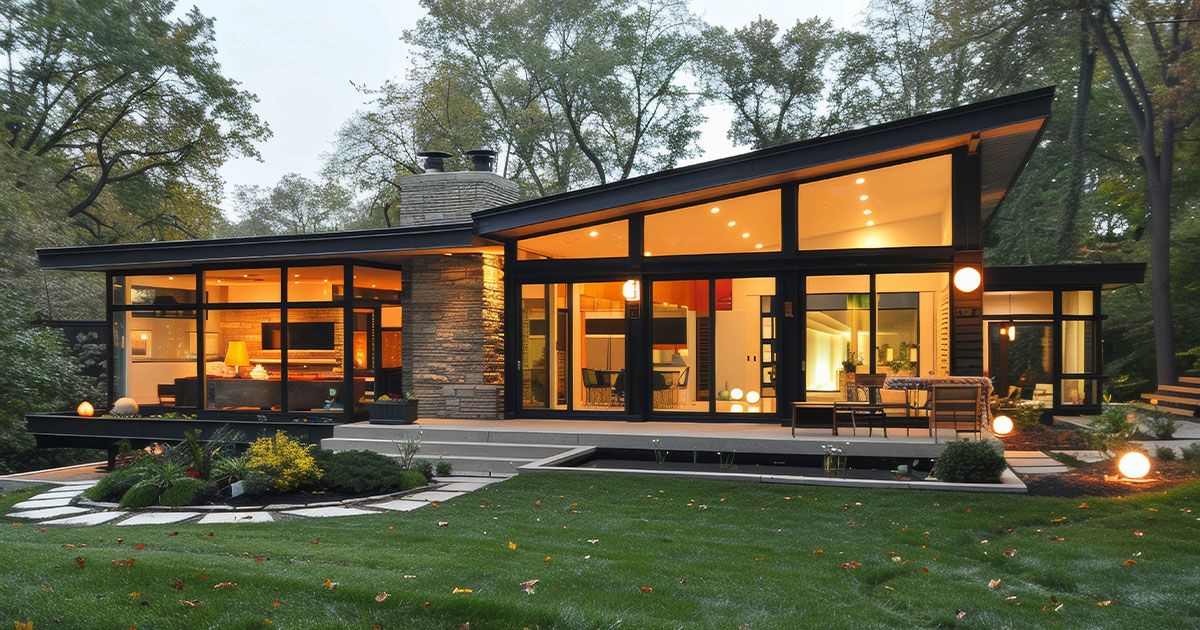 Modern house, large black windows, illuminated interior, surrounded by trees