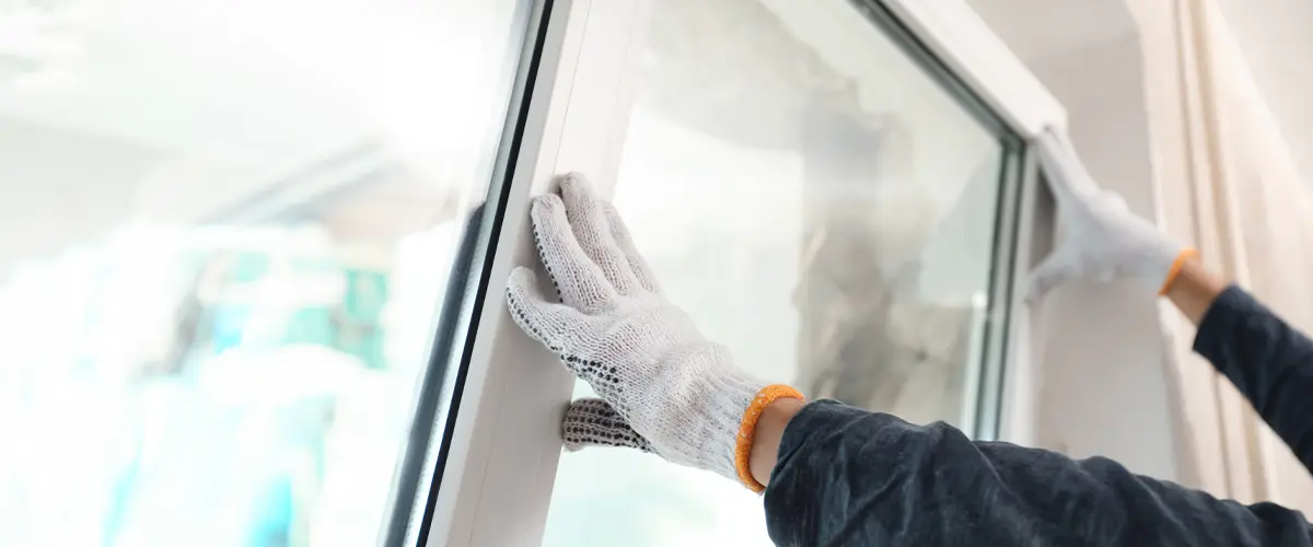 Worker installing vinyl window indoors, closeup view