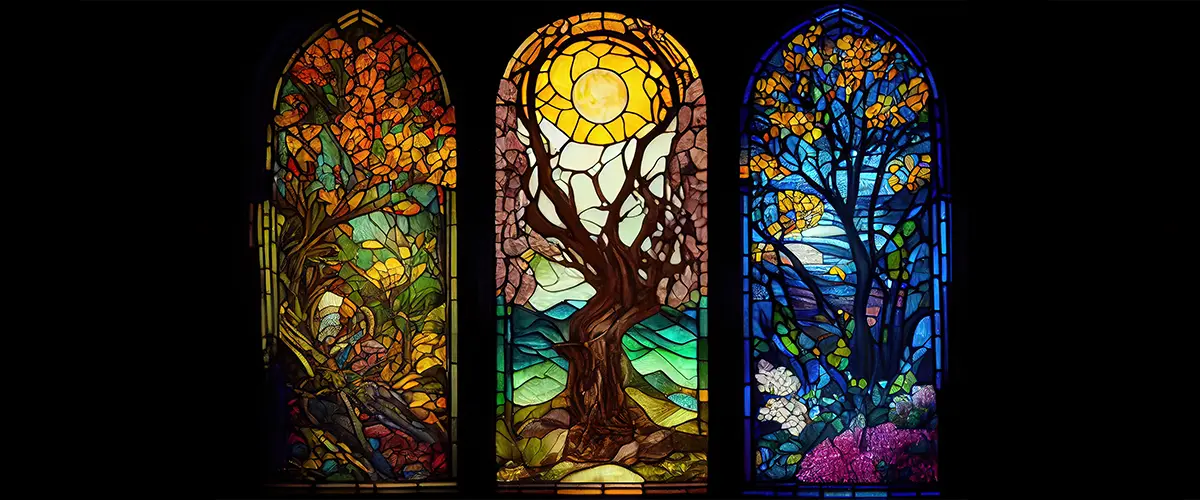 Luminous stained glass window showing the annual progression of the seasons