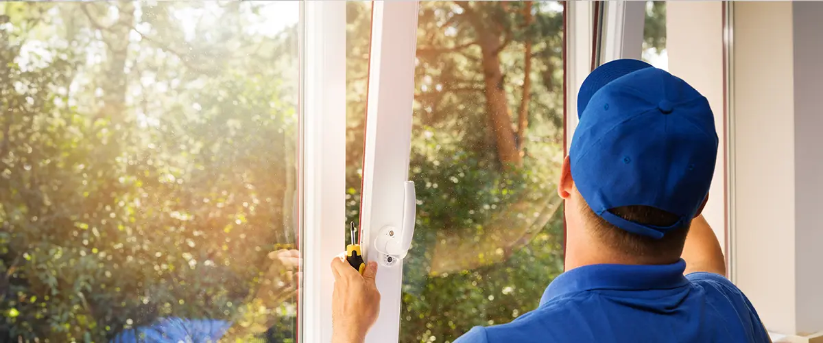 Technician in blue uniform doing window installation in Brentwood, with a screwdriver, with a sunny outdoor scene in the background.