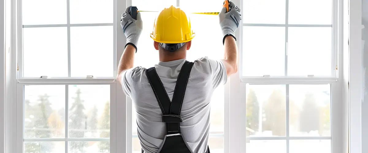 worker installing white wood windows