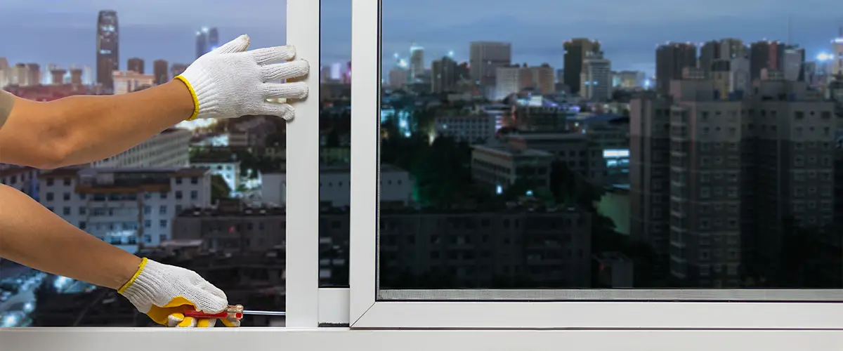 Close-up of a worker installing a modern sliding window frame