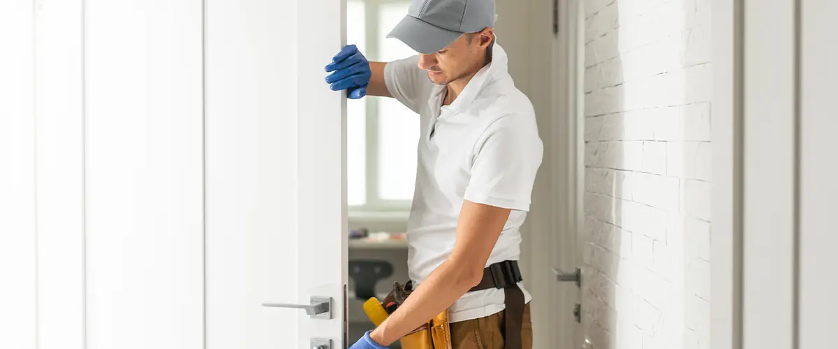 Handyman aligning an interior door during a home renovation project - interior door installation services in Gallatin.