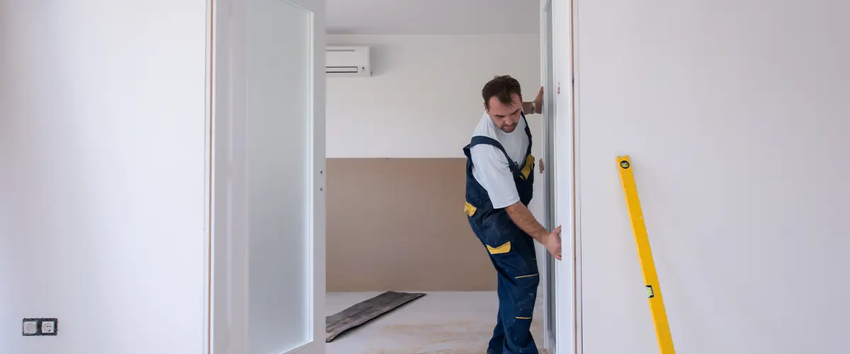 Professional worker installing a modern door frame in a home renovation project - door installation services.