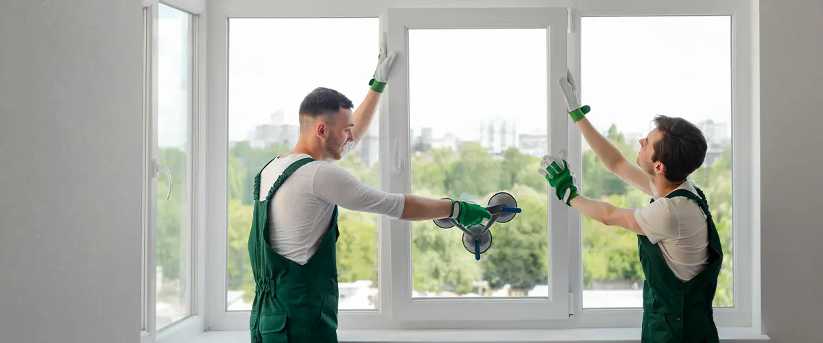 Two professional workers replacing a large window with suction cups, demonstrating efficient window replecement techniques.