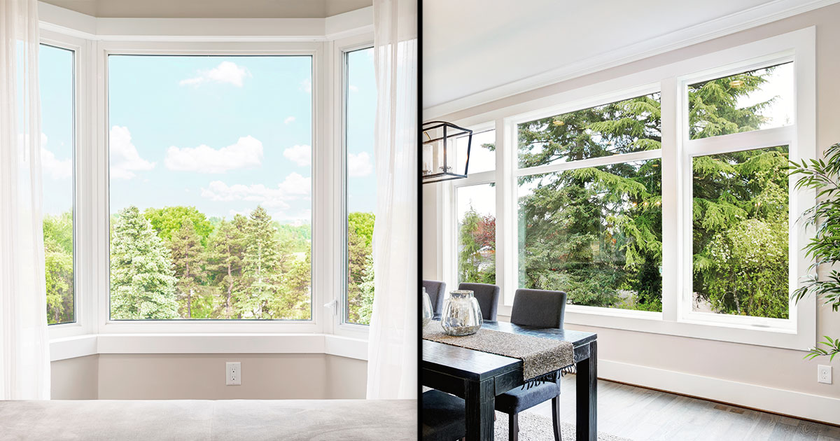 Side-by-side comparison of a bay window and a picture window in modern home interiors with scenic views