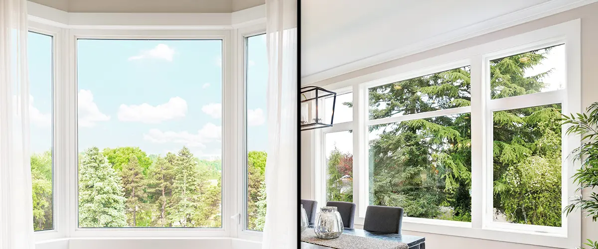 Side-by-side comparison of a bay window and a picture window in modern home interiors with scenic views