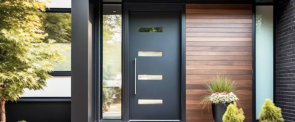 Best exterior doors for cold weather, modern steel door on a contemporary home entrance with wood paneling