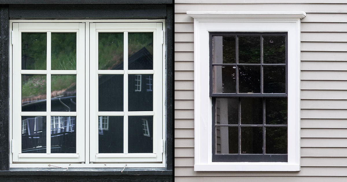 Side-by-side comparison of a casement window and a single-hung window with different exterior designs