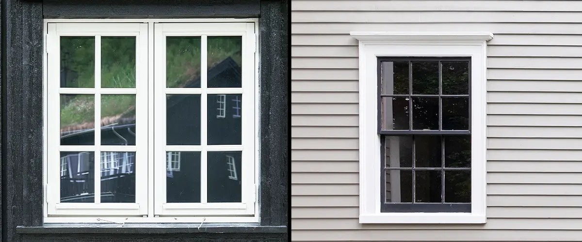 Side-by-side comparison of a casement window and a single-hung window with different exterior designs