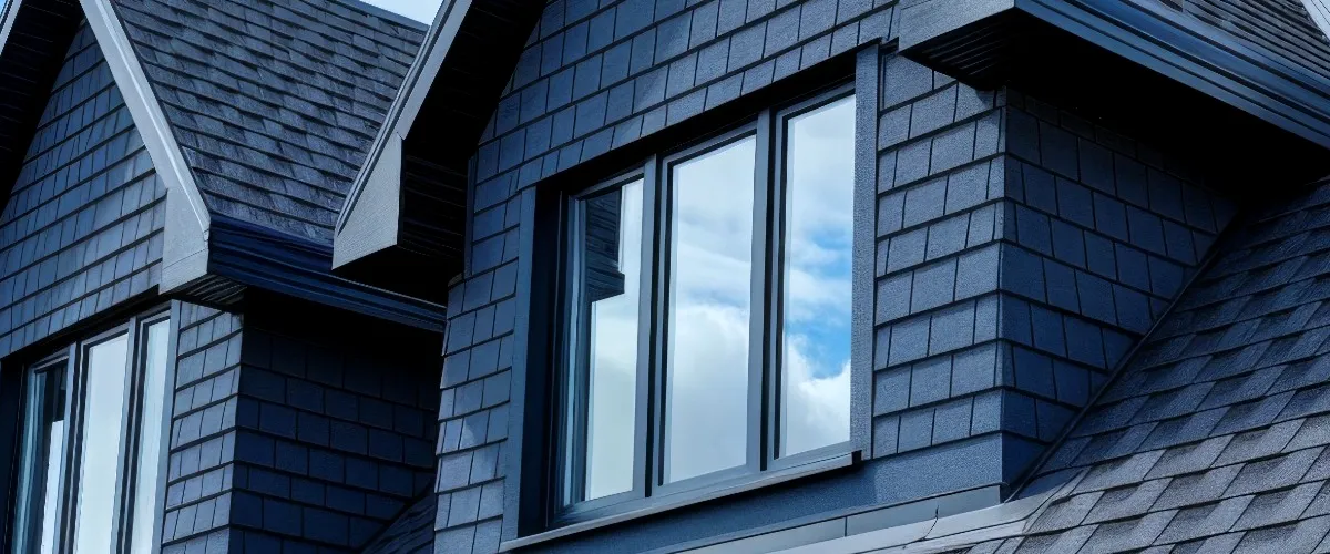 Close-up of a modern house exterior with three dormer windows, featuring dark gray shingles and a blue sky with clouds in the background