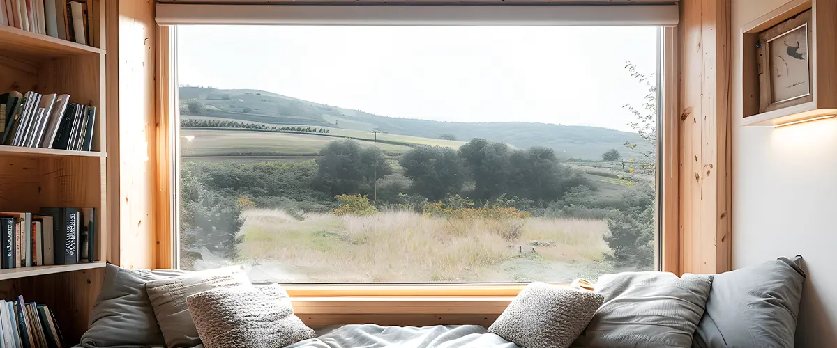 Large picture window in a cozy bedroom with a view of rolling hills