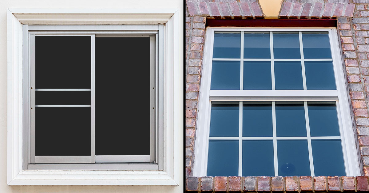 Side-by-side comparison of a sliding window and a double-hung window with different frame designs