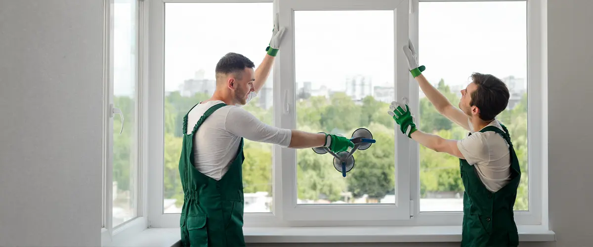 two workers installing a large window with city view in modern apartment. Window replacement and home renovation.