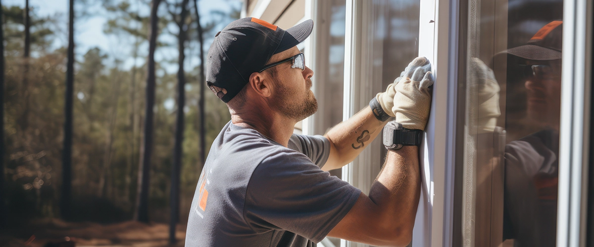 Construction worker in protective gloves installing sliding window in new house