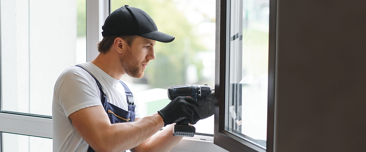 Construction worker installing window in house