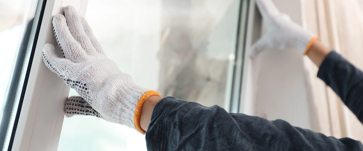 Worker installing plastic window indoors, closeup view