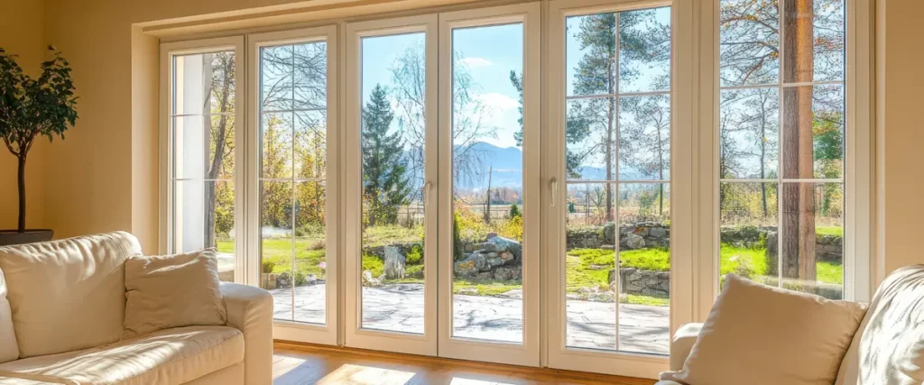 A bright living room with large glass doors opening to a sunny outdoor garden