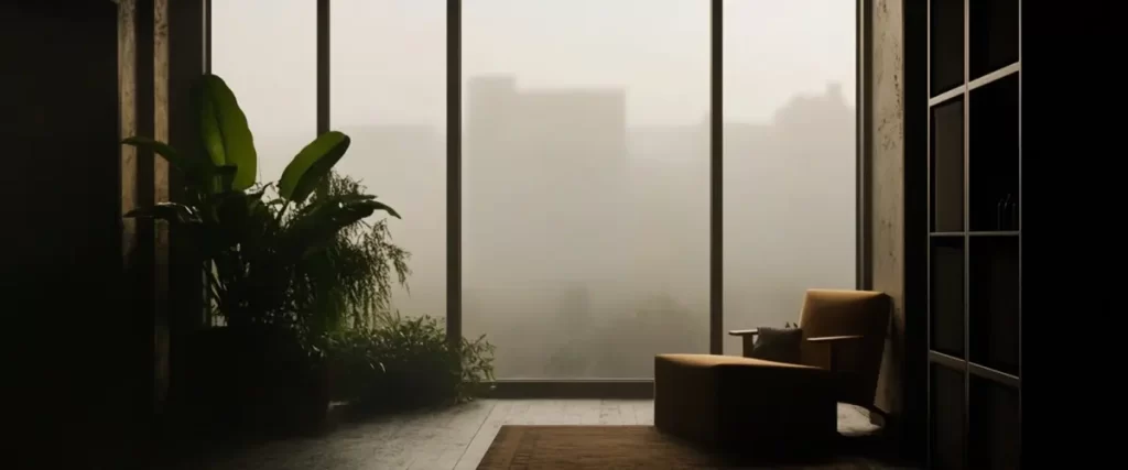 A minimalist interior with large foggy windows, a cozy chair, and indoor plants in a dimly lit room