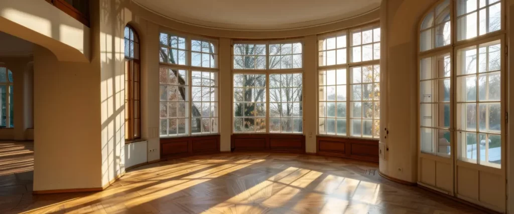 An empty room with large arched windows, wooden floors, and sunlight streaming through the glass