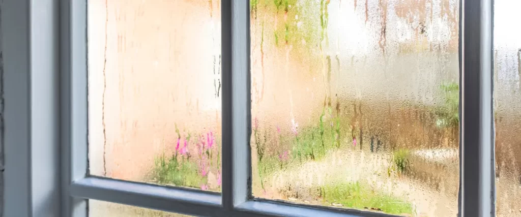 : Another similar view of a window with condensation and a blurred garden scene outside.