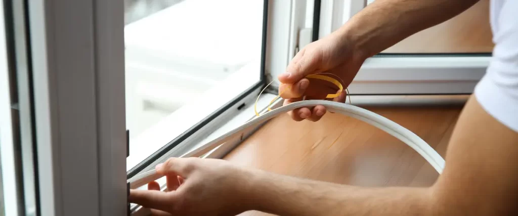 Hands installing weatherstripping or a rubber seal on a window frame using a tool.