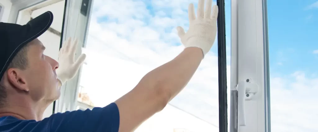 A person wearing gloves pressing a glass window into place under a blue sky with scattered clouds.