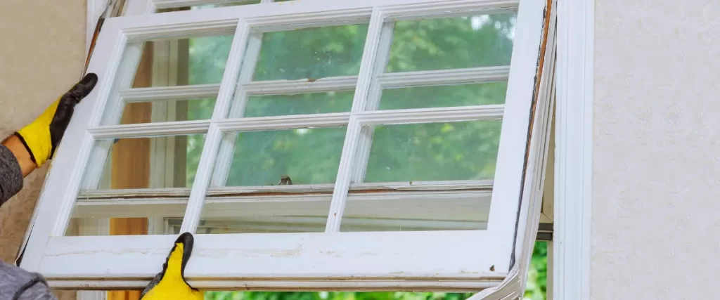 A close-up of a white-framed window with multiple small panes, partially open with green trees visible outside.