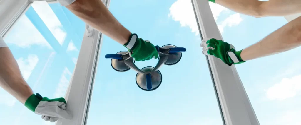 Worker’s hand using a suction lifter tool to install or adjust a window against a bright blue sky.