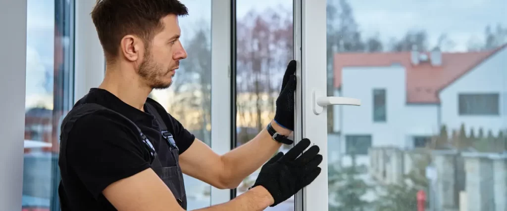 A worker wearing gloves adjusting or installing a glass door or large window indoors.