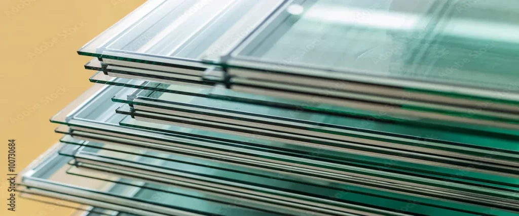 A stack of finished multi-pane window units, showing the distinct layers of glass and air space, illustrating the thickness of insulated glass