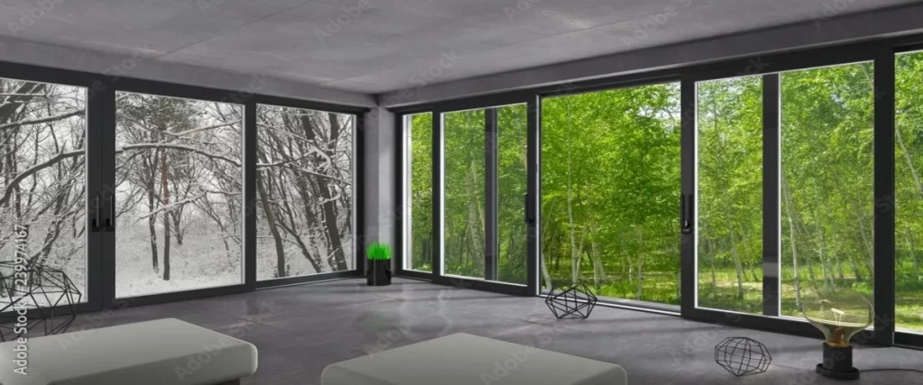 A room featuring a wall of large glass windows and sliding doors, one side showcasing a snowy winter landscape and the other a vibrant green forest, highlighting seasonal changes