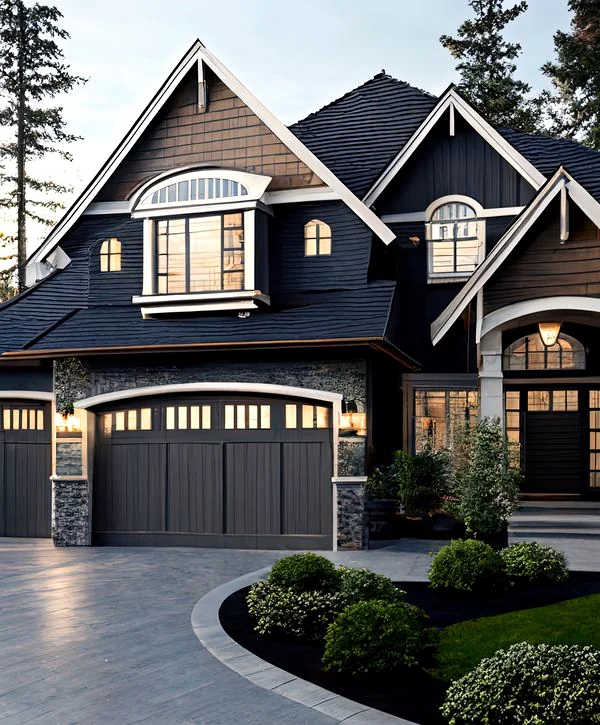 Luxurious modern home exterior featuring dark gray siding, multiple gables, and decorative arched windows. Includes a double garage with panel doors, stone accents, and manicured landscaping around a curved driveway.