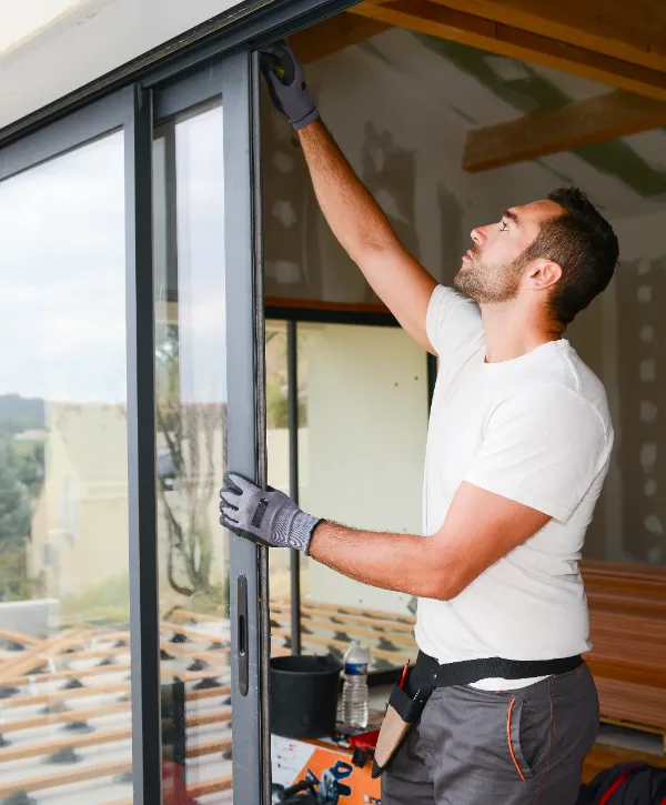 a person working on the installation of a large window