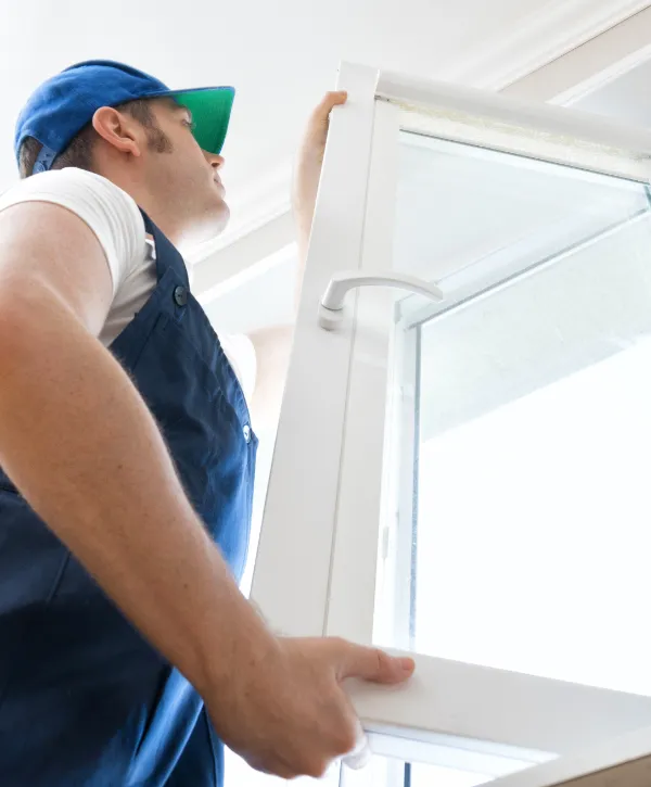 a professional handyman installing a window at a home