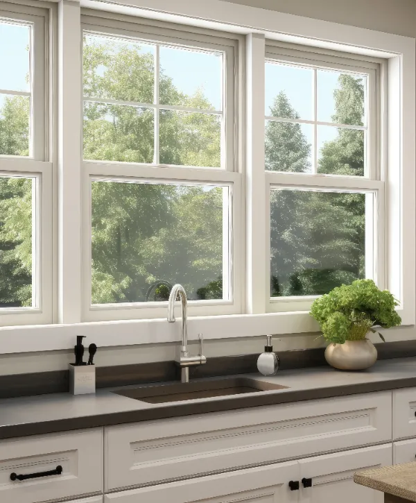 a set of double-hung windows above a kitchen sink