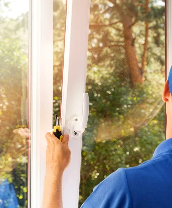 Close-up of a professional contractor in a blue uniform and cap installing or adjusting a white UPVC window frame with a screwdriver, with bright sunlight and green trees visible outside.