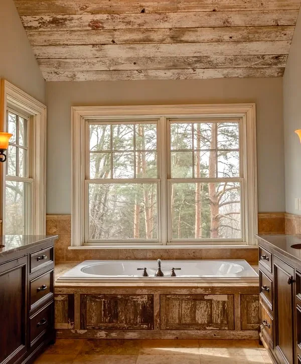 Rustic bathroom design highlighting the soaking tub with a distressed wood paneled surround, large window with a forest view, and a whitewashed distressed wood plank ceiling.