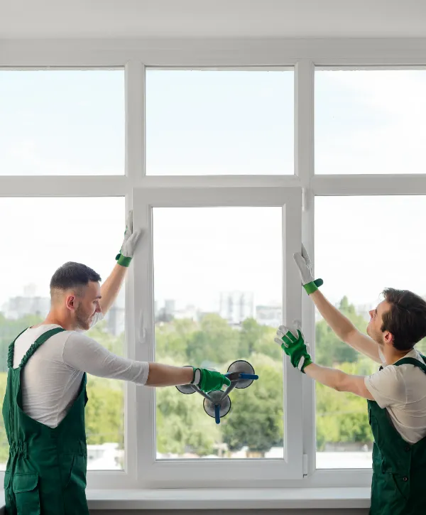 two workers performing a window installation or replacement