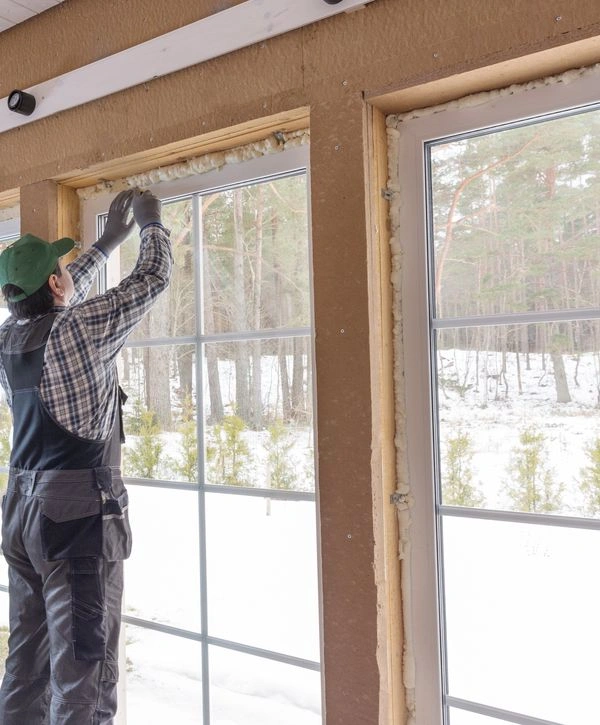 A worker in coveralls and a green cap sealing the perimeter of newly installed white grid windows with insulating foam in an Antioch, Nashville home renovation.