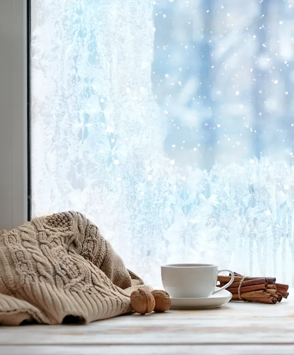 a cozy indoor winter scene with a hot beverage by a snowy window, evoking warmth and comfort