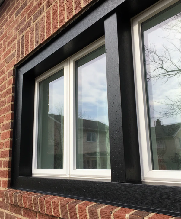Close-up of durable black aluminum window capping protecting window frames on a traditional red brick exterior.
