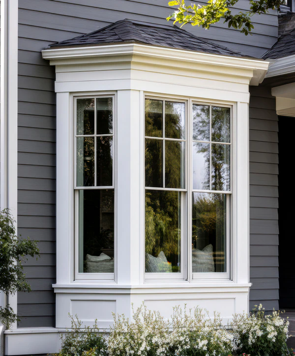 A close-up of a modern white bay window trim replacement on a grey house with white flowers in the foreground.